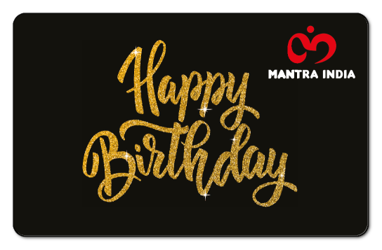 Gold happy birthday text with mantra logo on a black background