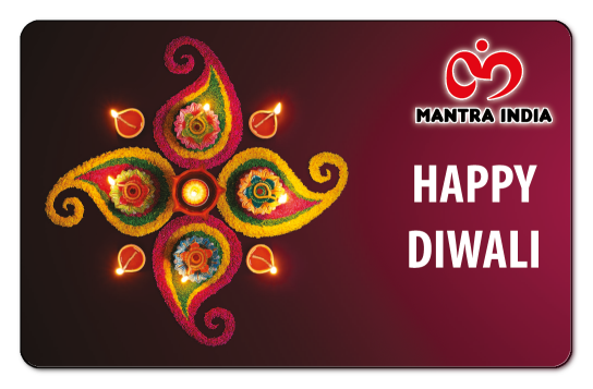 Rangoli on a red gradient background with mantra logo
