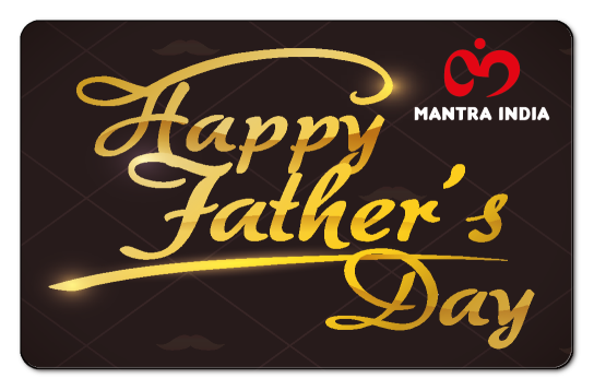 gold happy fathers day text and mantra logo on a dark background