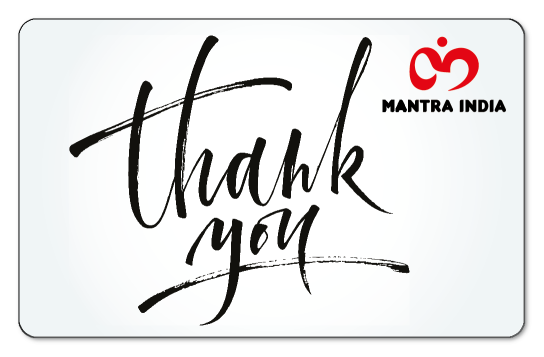 black thank you text and mantra logo on a white background