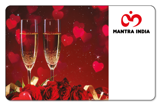 champagne flutes and roses on a red heart background